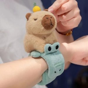 Plush Beige Capybara on Green Frog Slap Bracelet