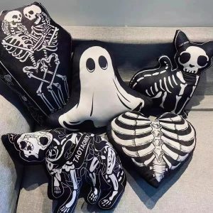 Spooky Black and White Skeleton Ghost Pillow